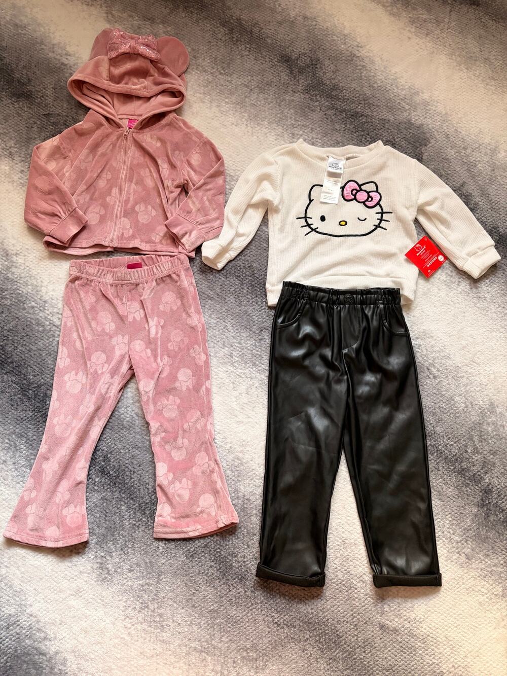 2 Set Bundle Hello Kitty Minnie Mouse Toddler Girl 2T Pink Velour Faux Leather